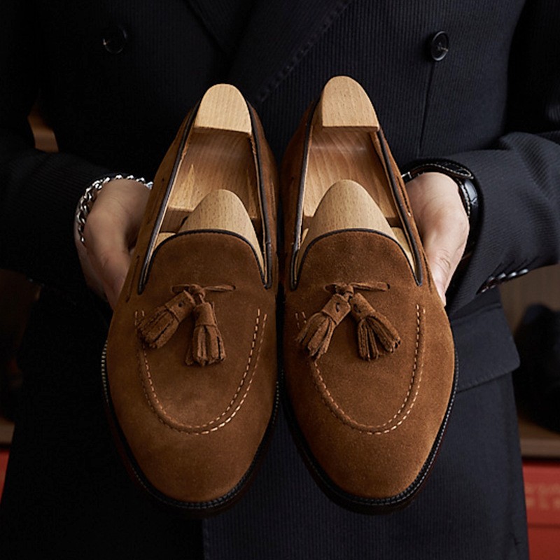 Mocasines de cuero genuino para hombre de gamuza informales británicos con borlas sin cordones Mocasines Zapatos