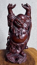 VTG Wood Carving Happy Laughing Buddha Statue Inlayed teeth eyes 12  