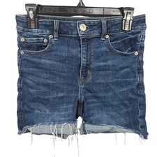 American Eagle Hi-Rise Midi Cut Off Denim Shorts Blue Super Stretch Size 6