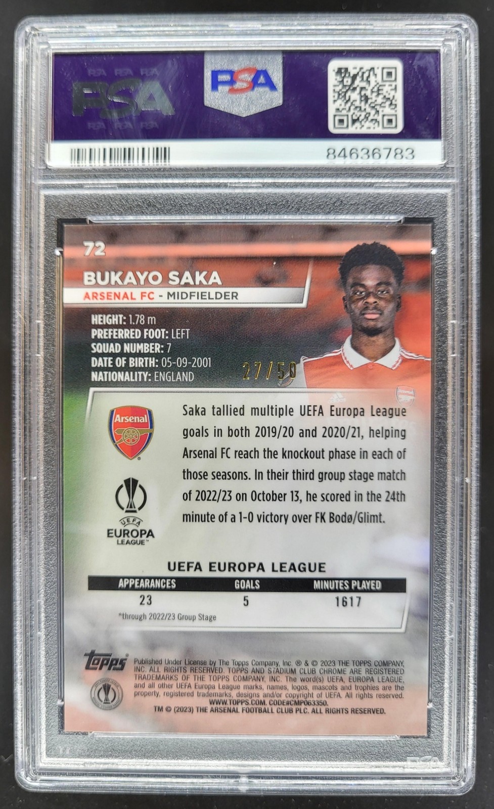 22-23 Topps Stadium Club Chrome UEFA Competitions Bukayo Saka Gold /50 PSA 9 BM8 view 2