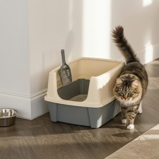 Large High Sided Cat Litter Box Open Top w Scoop Easy Entry for Big Cats