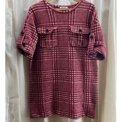 ZARA BASIC Women Red Plaid Knit Shirt Dress Roll Tab Sleeves Casual Size L