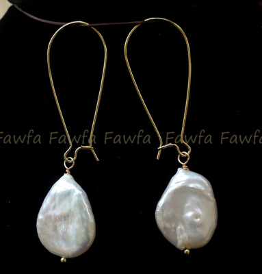 Real Natural 17-22mm South Sea Flat Baroque White Pearl Dangle Gold Hook Earring