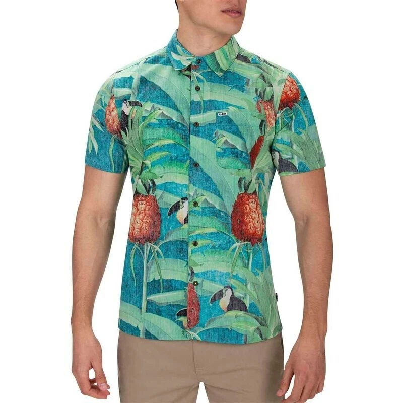 Hurley Mens M Green Tropical Print Short Sleeves Classic Fit Costa Rica Shirt