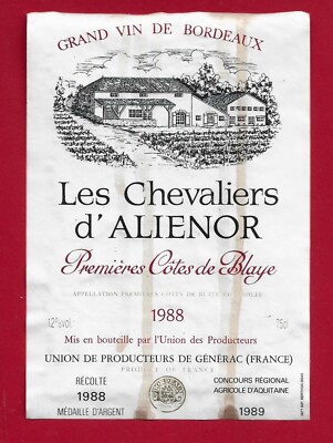 93 65 Etikett BORDEAUX 1ères CÔTES BLAYE 1988 Les Chevaliers d'Aliénor Générac