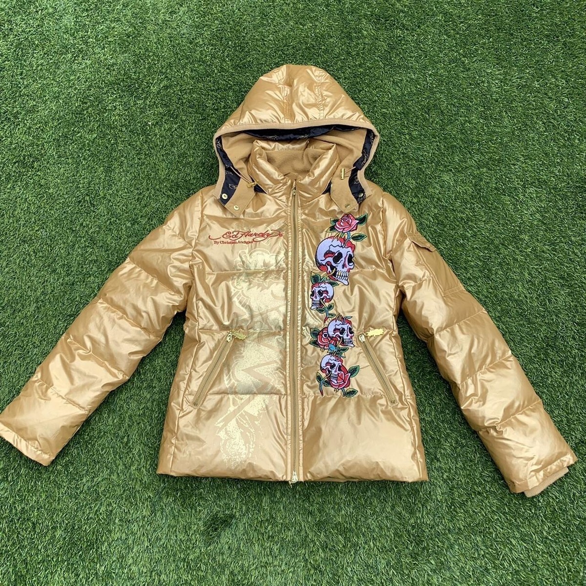 Ed Hardy Vintage Jacket Puffer Coat Y2k Gold Christian Audigier Ed Hardy Vintage Jacket Puffer Coat Y2k Gold Christian Audigier