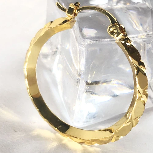 9ct Yellow Gold Diamond Cut Creole Hoop Earrings - 25mm Diameter - Picture 8 of 9