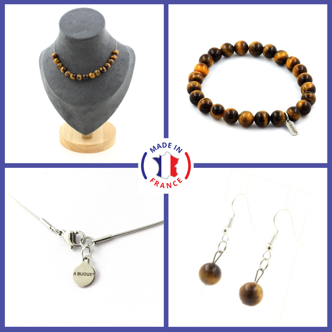 Parure Oeil de Tigre Marron Collier et Boucles pour Tenue de Soirée