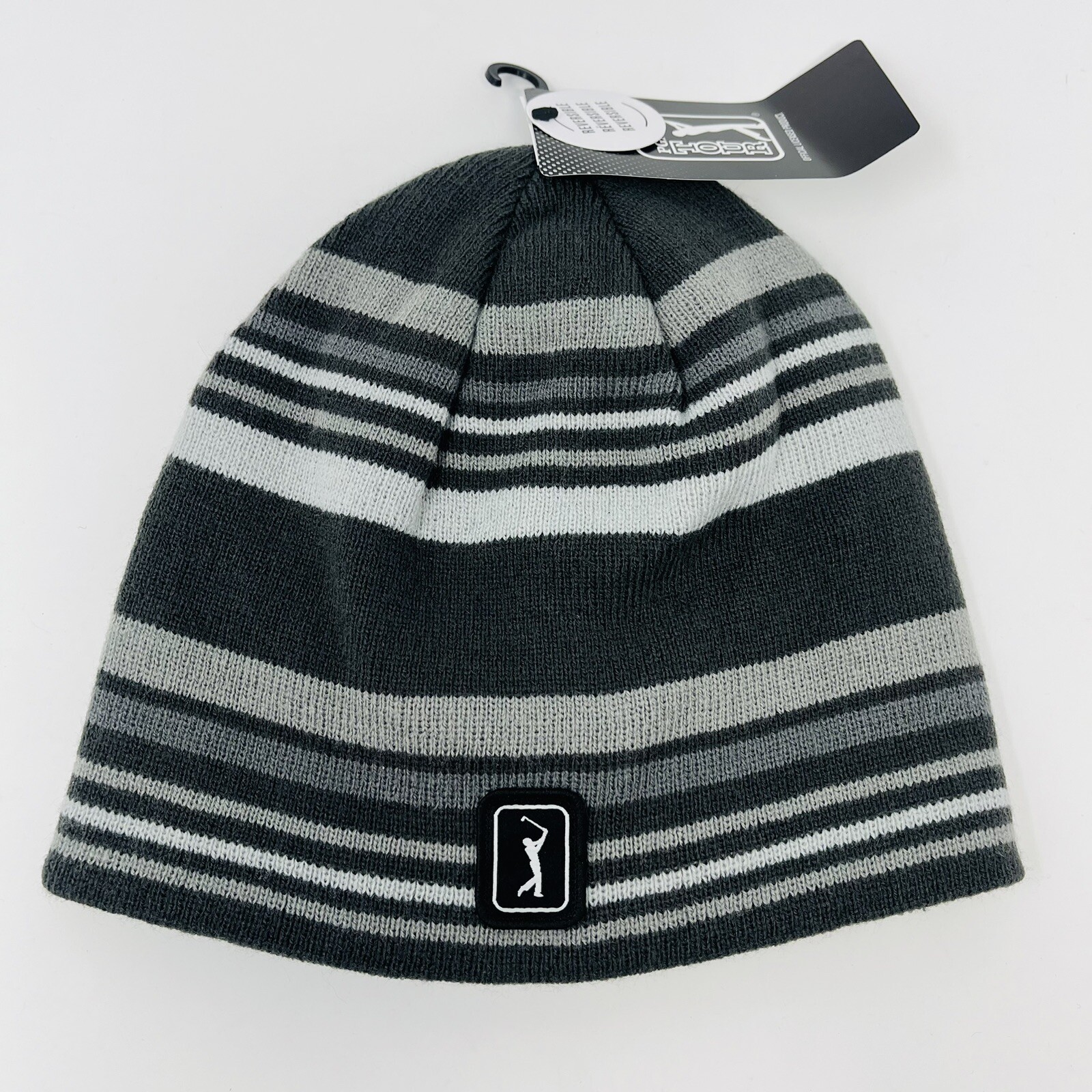 PGA Tour Golf Knit Beanie Toboggan Winter Hat Cap Striped Gray w/ Logo NEW
