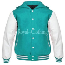 Varsity Letterman baseball Blue Wool white Genuine Leather Sleeve Hoodie