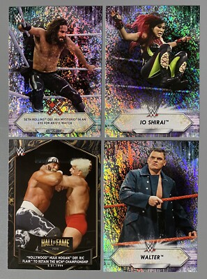 Four 2021 Topps WWE Match; 3 Foil Holo Rollins Shirai Walter, 1 Hogan/Flair Base