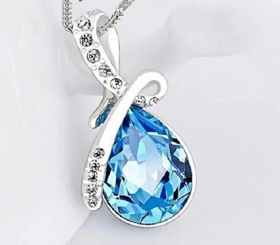 Blue Teardrop Princess Cut CZ Necklace and Bracelet Set White Gold Filled - Image 3 of 4