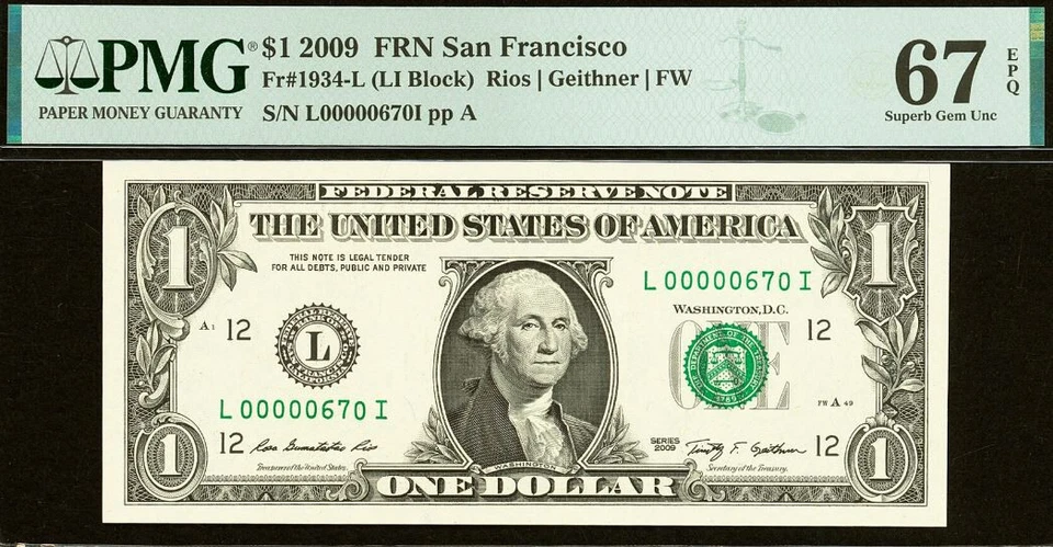 2009 $1 Federal Reserve Note PMG Gem 67EPQ - Birthday Low Serial Number 00000670 - Image 2 of 3