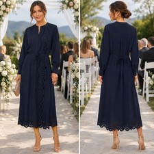 Elie Tahari Navy Blue Eyelet Embroidered Midi Shirt Dress Tie Waist NWT