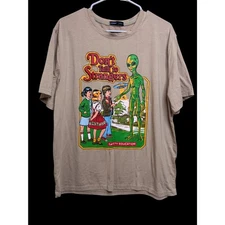 Don't Talk To Strangers UFO Alien Cartoon Mens shirt  Size Large Light Brown D10