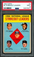 1963 Topps #9 NL Strikeout Leaders SANDY KOUFAX/DON DRYSDALE/BOB GIBSON PSA 9