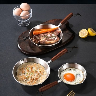 Stainless Steel Frying Pan Non-stick Breakfast Pot Fry Egg Pan Wooden Handle