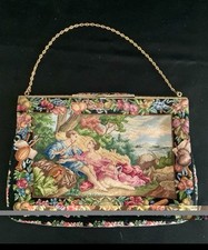 Vintage 1930's Art Deco Fine Needlepoint Tapestry Evening Bag w/Carved Frame.