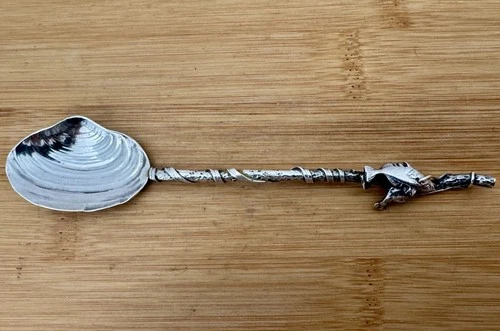 RARE STERLING GORHAM CAST CORAL APPLIED FISH & CLAM SHELL SPOON C. 1885