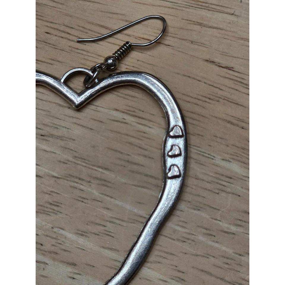 Large Silver Tone Open Heart Hoop Earrings Textured Statement Dangle Drop Love - Image 3 of 4