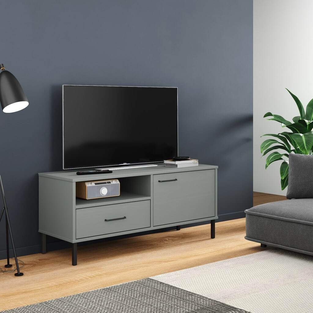 TV Cabinet with Metal Legs Grey Solid Wood Pine OSLO