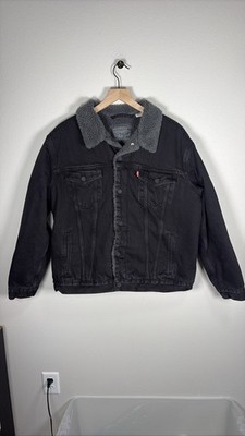 Levis Mens Type 3 Sherpa Lined Trucker Jacket Black Denim Grey Fleece