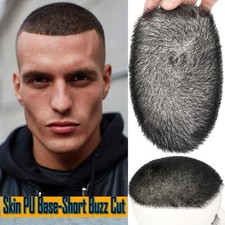 Thin PU Mens Toupee Hairpiece 100 Human Hair System Wig Short Buzz Cut Style US