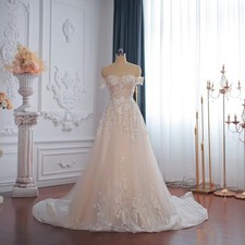Sweetheart Champagne Lace Wedding Dress A Line Tulle BridalGown With Sweep Train