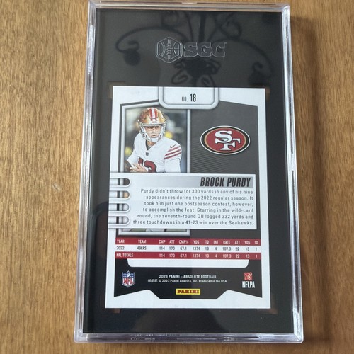 2023 Panini Absolute Color Match Brock Purdy card, white background, red #18 jersey, NFC logo, stats at bottom.