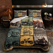 Motorcycle Bedding Set Kids Retro Motorcycles Comforter for Boys Men Teens Vi...
