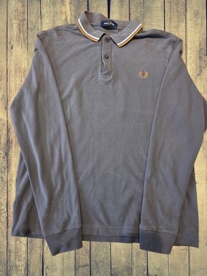 Fred Perry Polo Shirt Mens Medium Grey Laurel Logo Long Sleeve