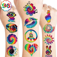 96 PCS Tie Dye 90S 80S Pre-Cut Temporary Tattoos for Kids  Super Cute Themed Bi