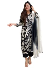 GoSriKi Women's Cotton Blend Printed Straight Kurta with Pant & Dupatta