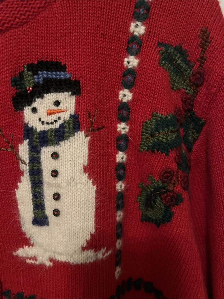 Cárdigan de Navidad MARISA CHRISTINA 2002 M Rojo Muñecos de Nieve Cuentas Oso Reno Foto 3 de 4