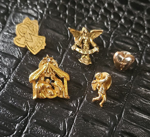 Gold-Tone Religious Pinback Lapel Pins Lot - Nativity Angel Cherub Cross Heart