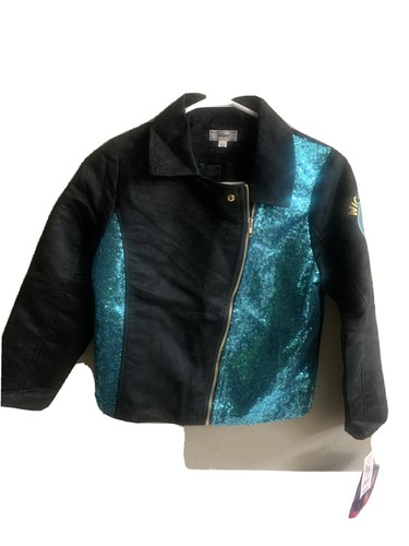 Descendants Girls Sz L Moto Jacket Black Teal Sequin Disney Full Zipper New