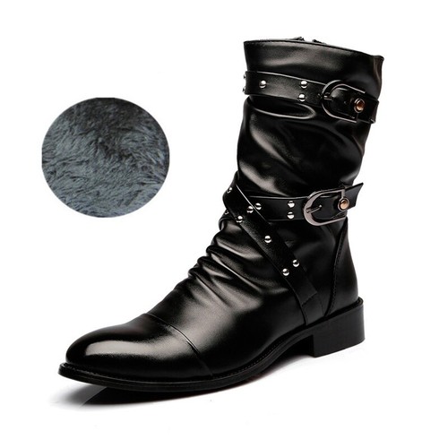 Scarpe stivali moto uomo moda pelle PU borchie fibbia cinturini pile - Foto 9 di 9