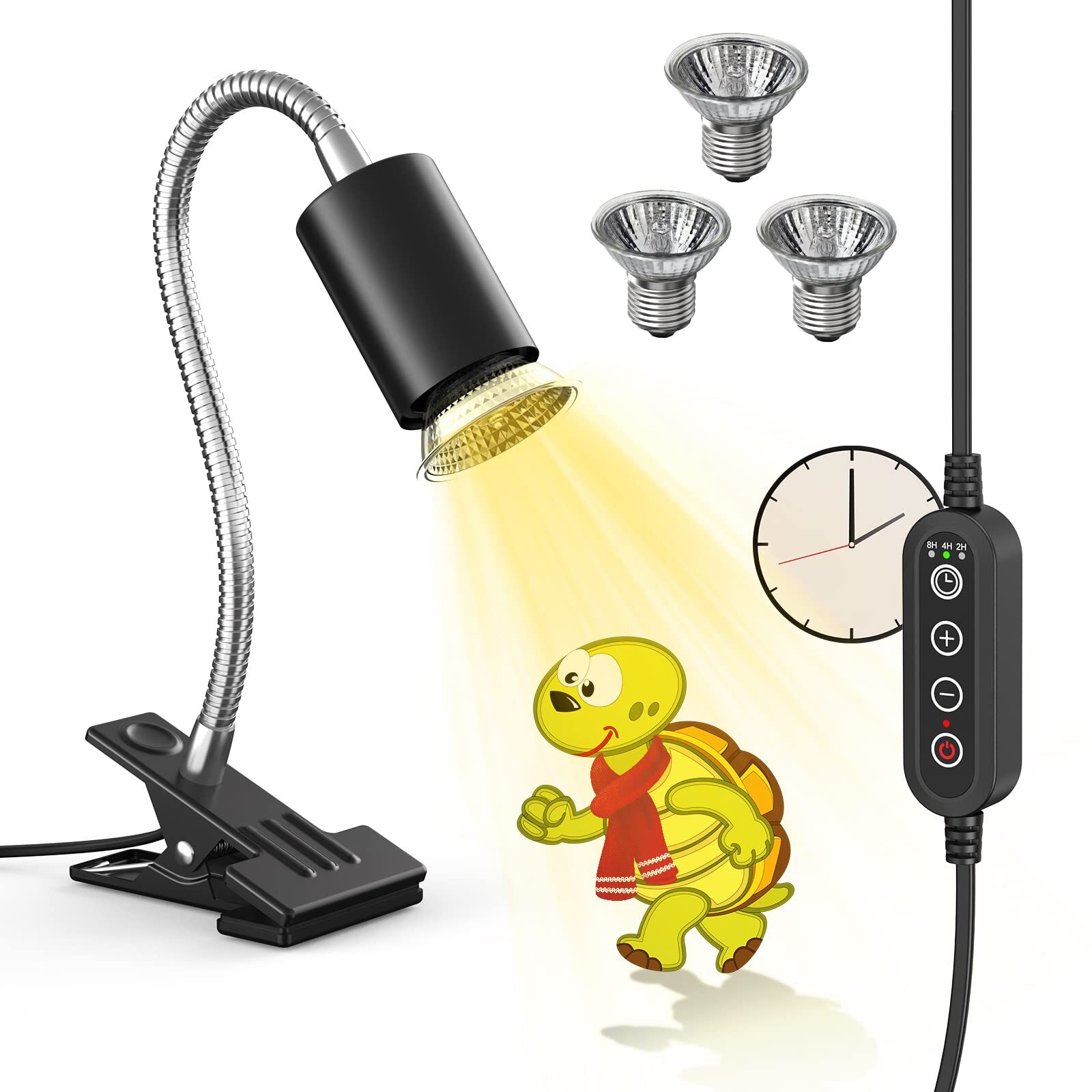 Reptile Heat Lamp, Timing Turtle Light UVB/UVA Basking Spot Lamp with Clip, T...