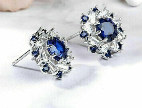 2.20Ct Simulated Round Blue Sapphire Stud Earrings 14K White Gold Sliver Finish - Picture 2 of 5
