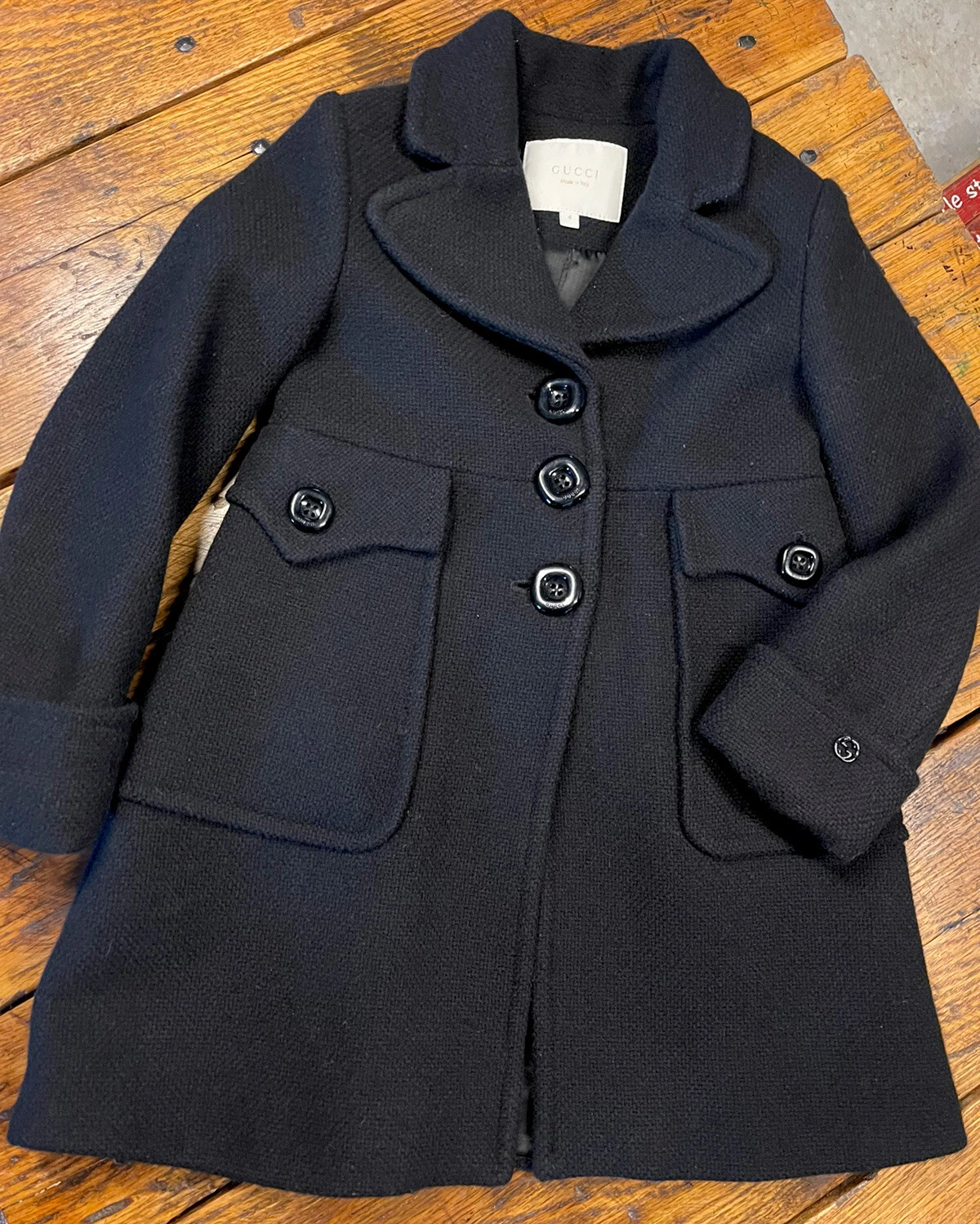 Abito bambino 4 GUCCI lana nera cashmere inverno morbido 3 bottoni cappotto di pea