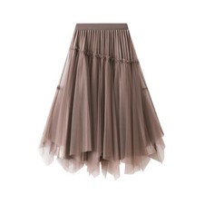 Women Fairy Tulle Skirt Irregular Hem High Elastic Waist Midi Causal Long Skirts