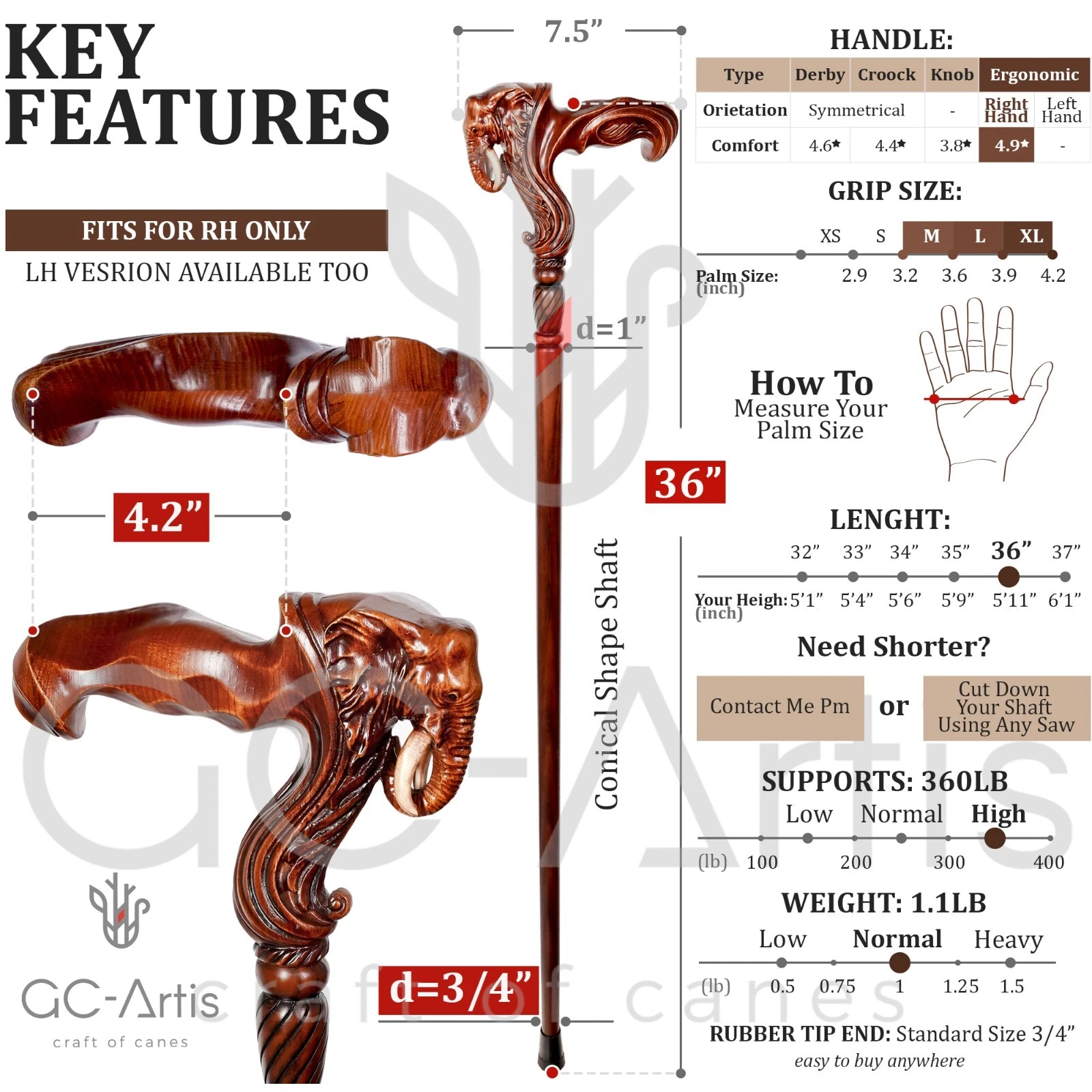 The African Elephant - Walking cane with Ergonomic Handle