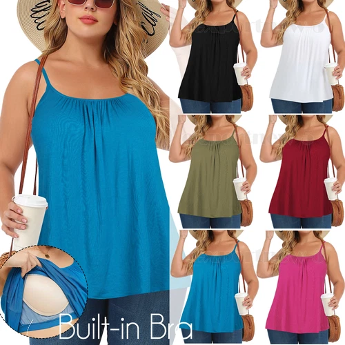 Sleeveless Camisole Tee Tank Top with Built Sewn in Bra Cup Push Up Supportive - Picture 1 of 42