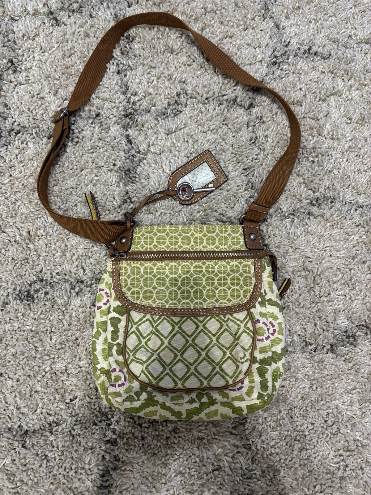 Fossil Crossbody Bag Canvas Green Organizer Leather Trim
