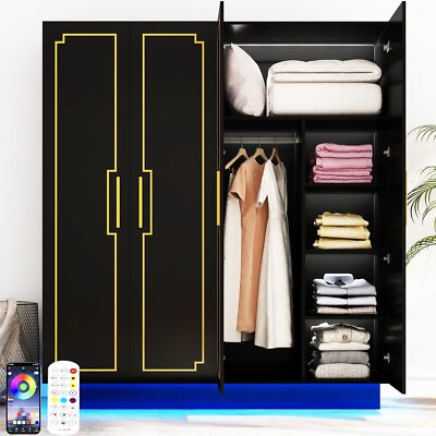 70in LED 4 Doors Armoires Wardrobe Closet&Cabinet with Metal Hanging Rod,Black