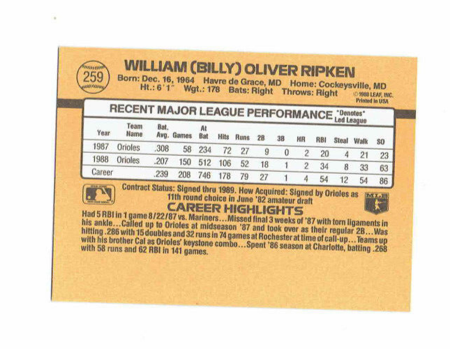Billy Ripken Baltimore Orioles 2B #259 Donruss 1989 #Baseball Card