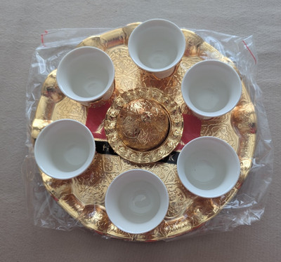 Turkish Coffee Set for 6, with 1 domed holder and 1 tray, gold toned