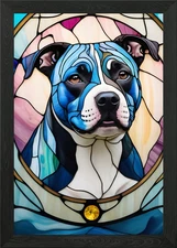 Stained Glass Pitbull Framed Wall Art Poster Canvas Print Picture