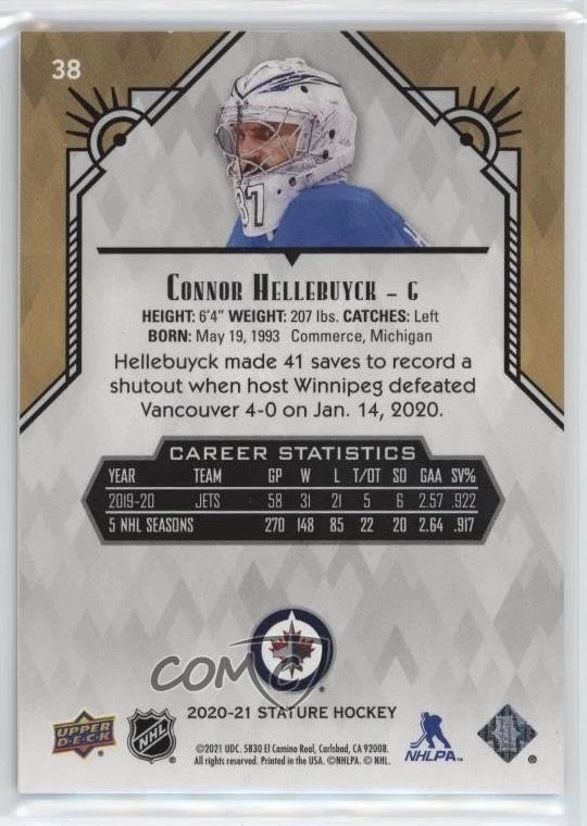 2020-21 Upper Deck Stature Red /85 Connor Hellebuyck #38 - Image 2 of 2