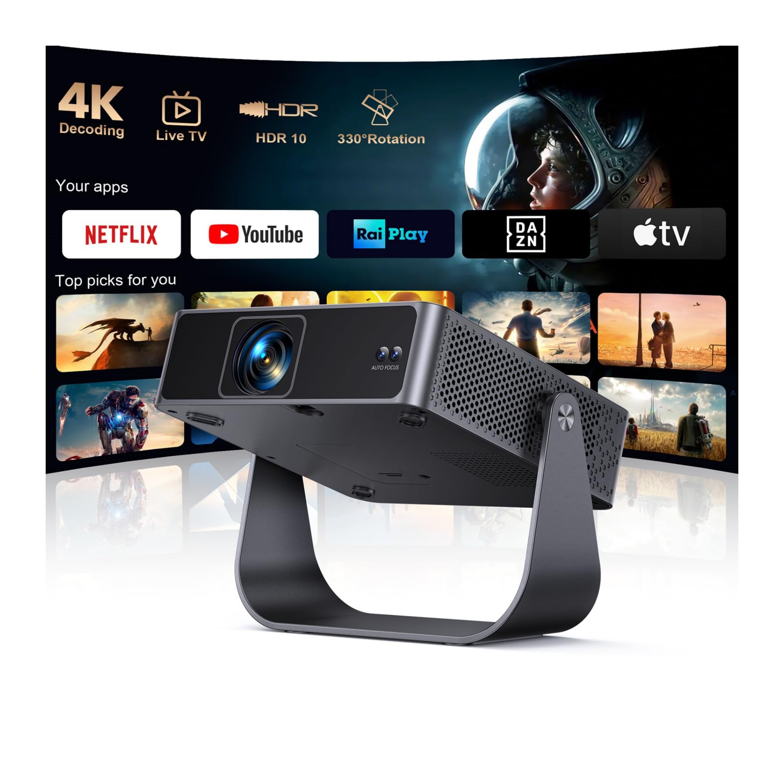 Proiettore Portatile【Smart TV & 1000 Canali Live】Mini Proiettore 4K Smart TV